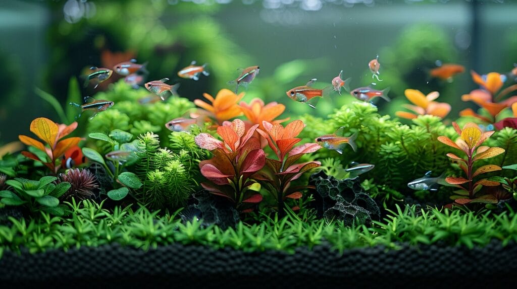 Black HOB filter on an aquarium with green plants and colorful fish.