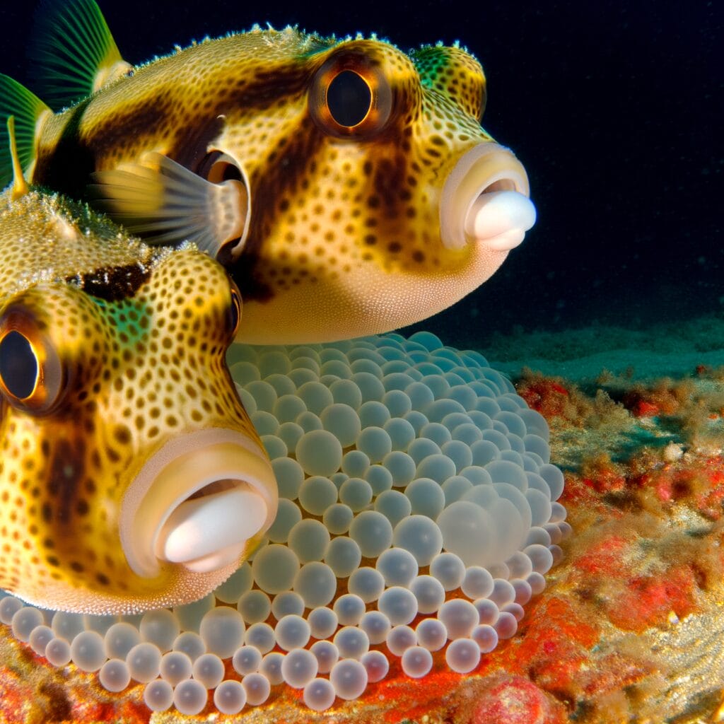 Blowfish parents protecting fertilized eggs from predators.