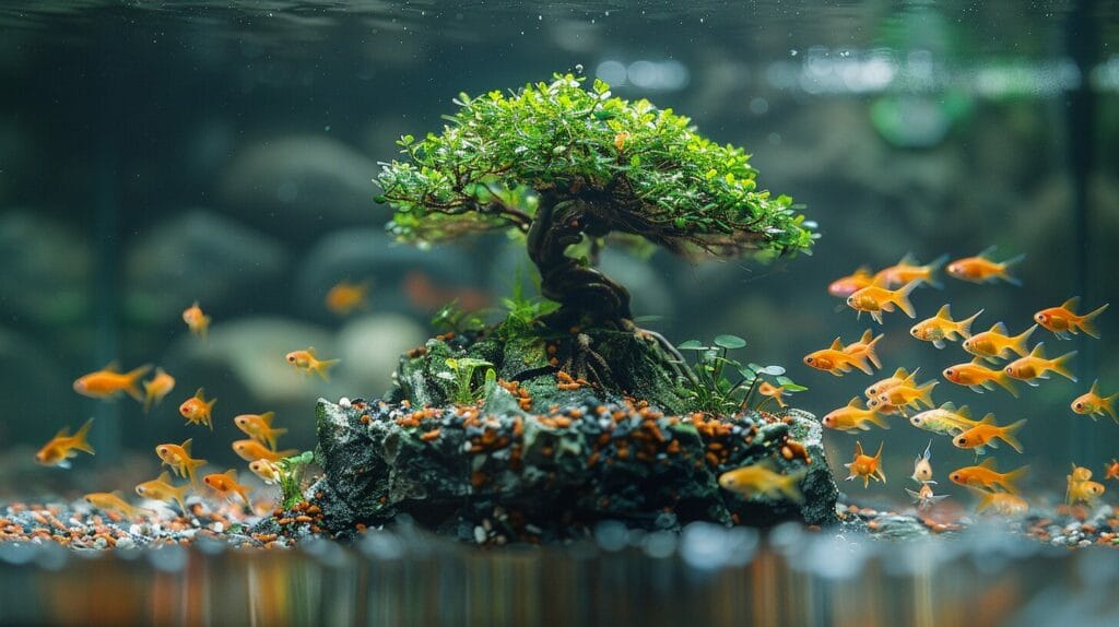 Bonsai tree in fish tank with colorful fish and plants for community inspiration.