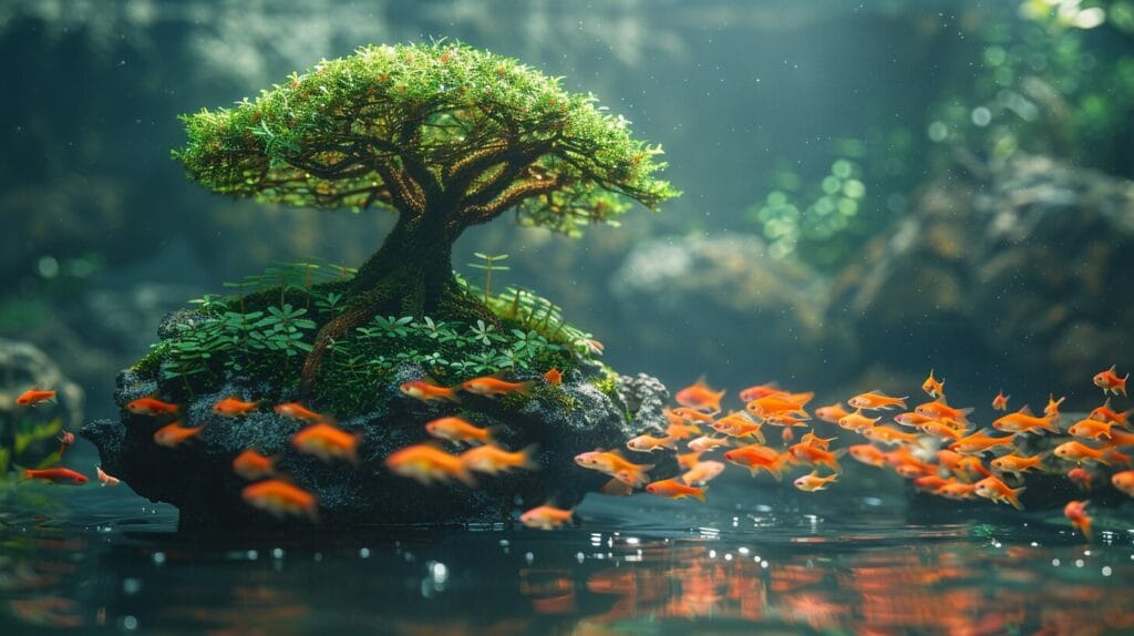 Bonsai tree placement in fish tank with colorful gravel and plants.