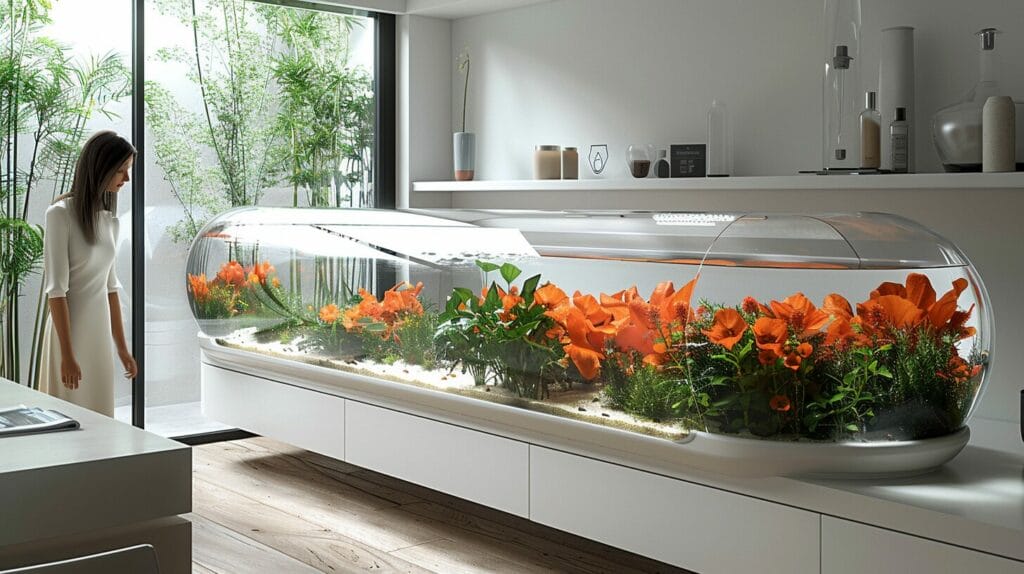 Clear aquarium, vibrant fish, lush plants, sleek external filter.