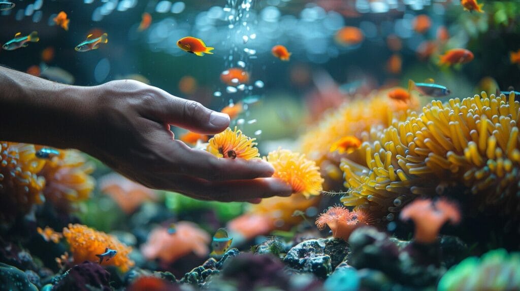 Close-up of hand cleaning a HOB filter in an aquarium.