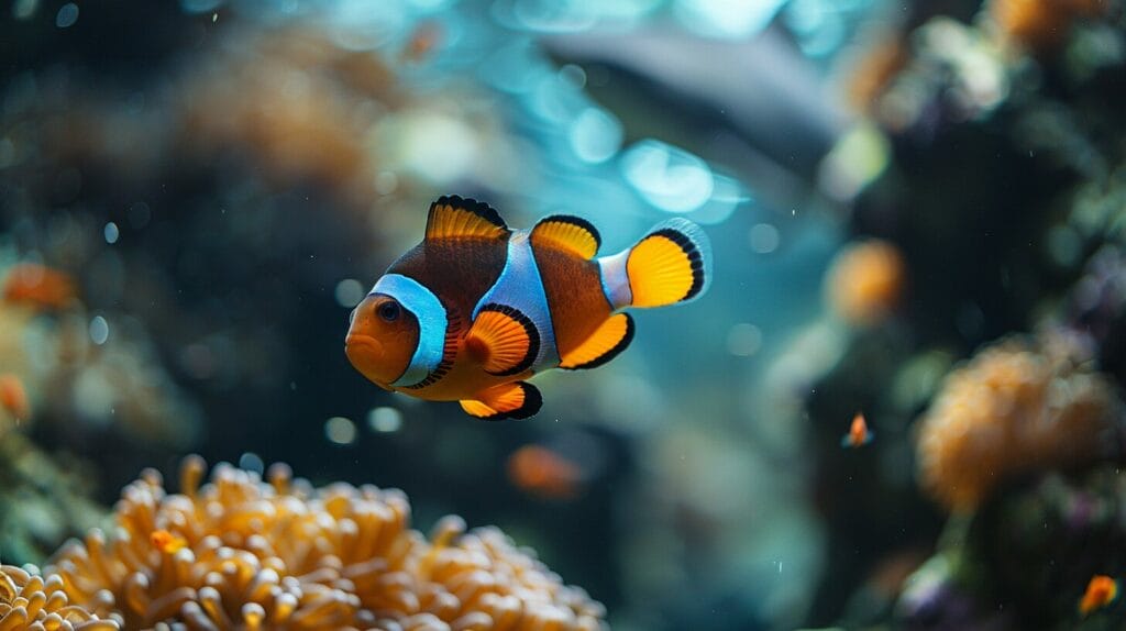 Clownfish near a shark, showcasing size and color contrast.