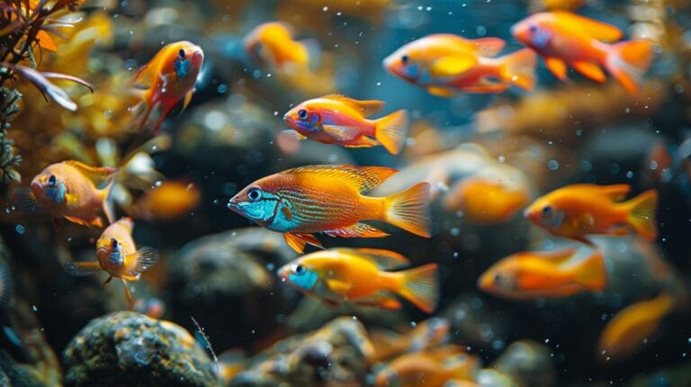 Colorful African Cichlid aquarium with rocks, sand, Lake Malawi plants, and diverse peaceful Cichlids.