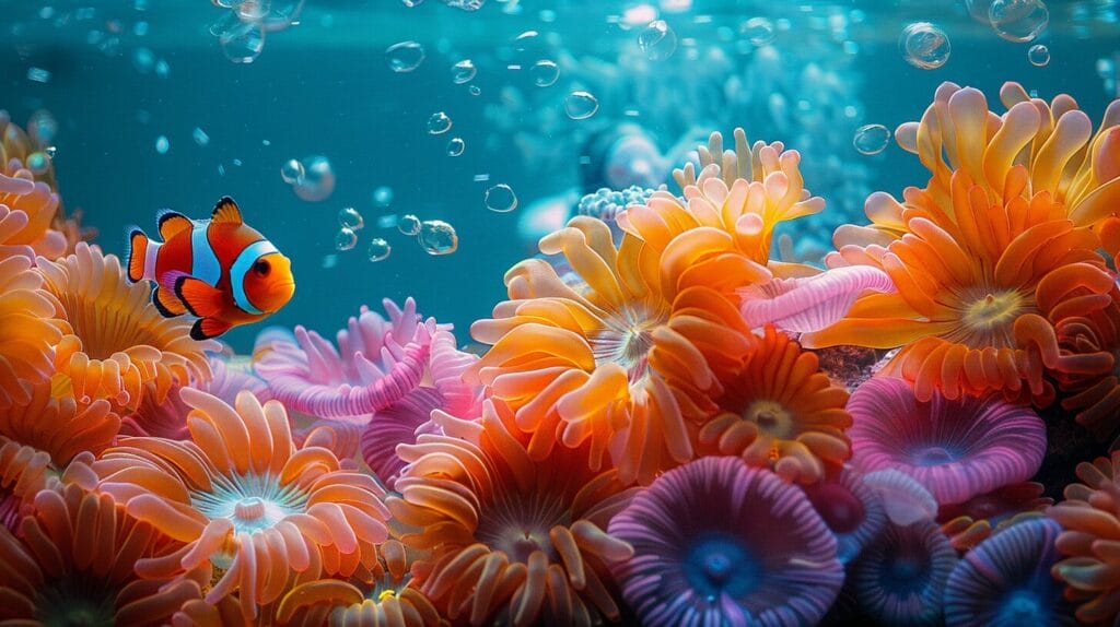 Colorful aquarium with clownfish, sea anemones, and a diver figurine.