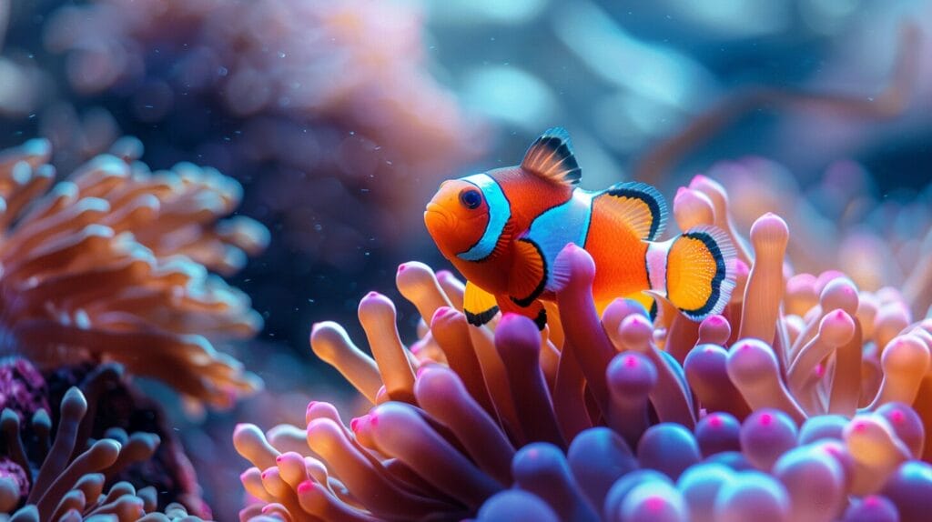 Colorful clownfish with sea anemone on a coral reef.