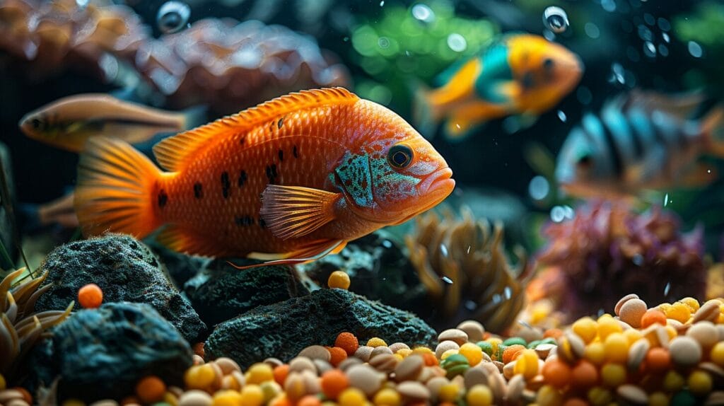 Colorful fish food with Purple Parrot Cichlids nearby in an aquarium.