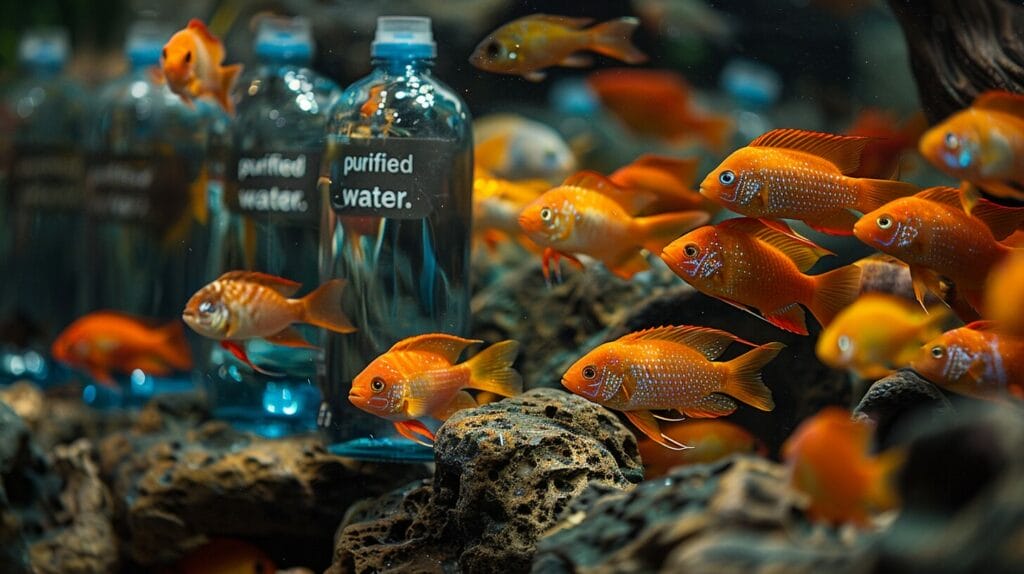 Colorful fish in tank with purified water bottles