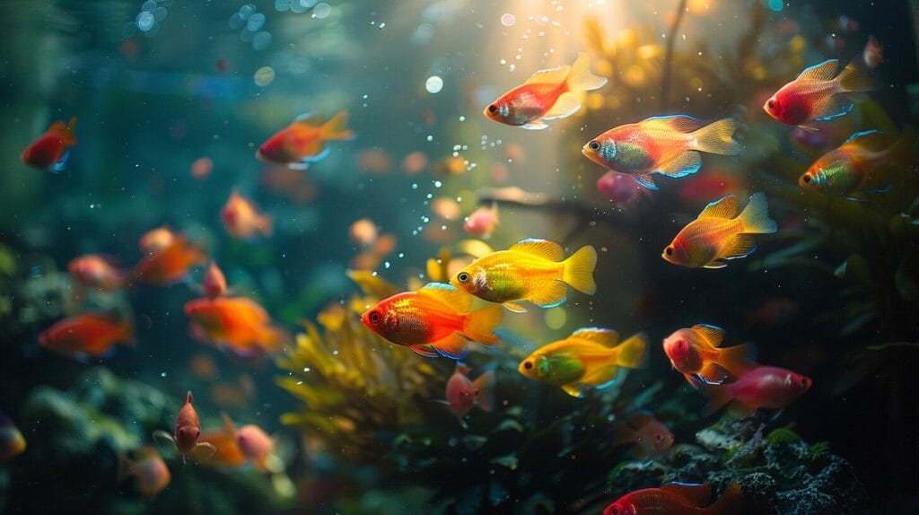 Colorful fish swimming in lush tropical aquarium