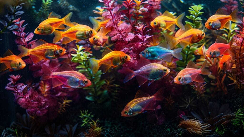 Colorful tropical fish breeding in vibrant community aquarium