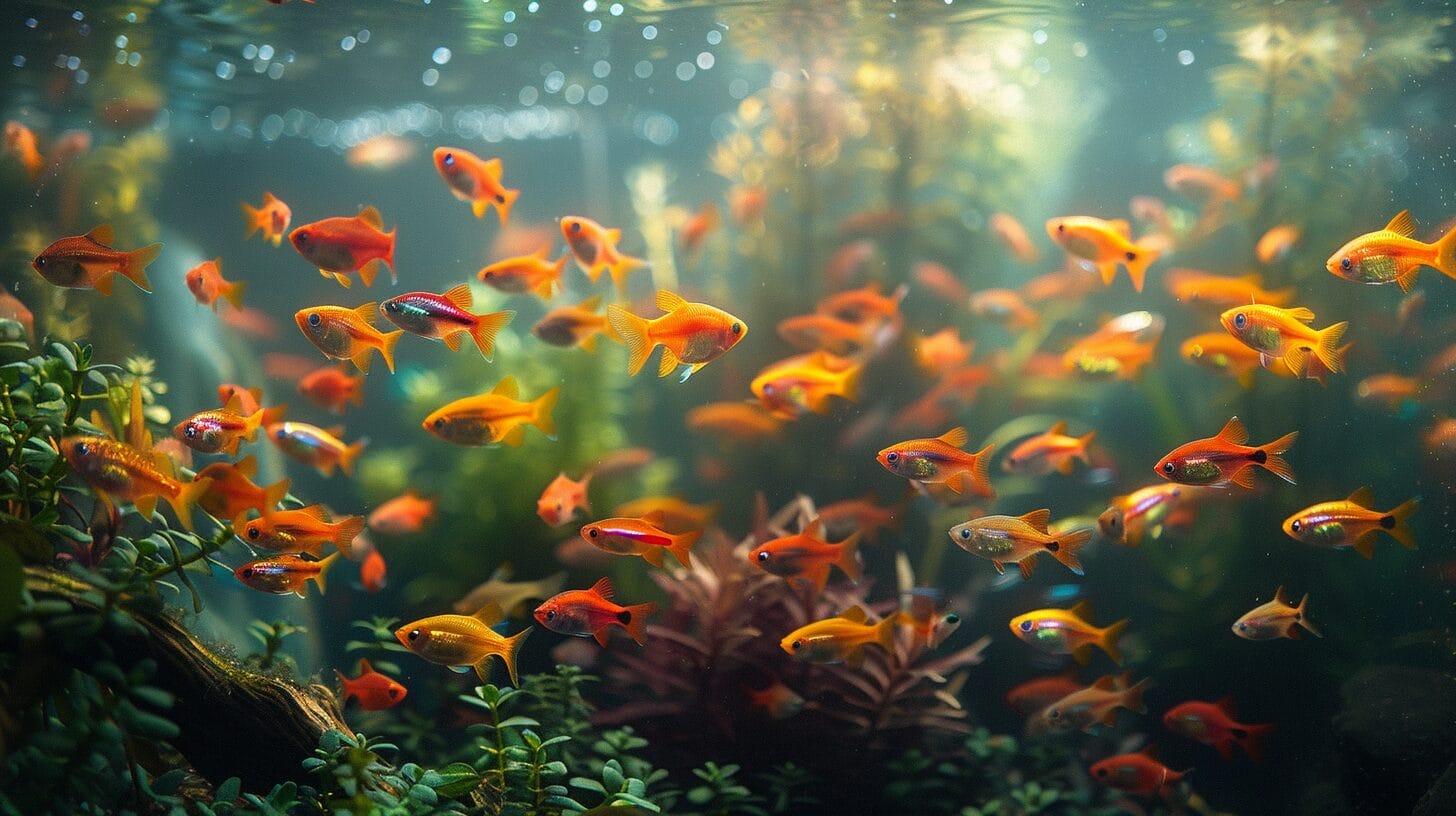 Colorful tropical fish in lush freshwater aquarium