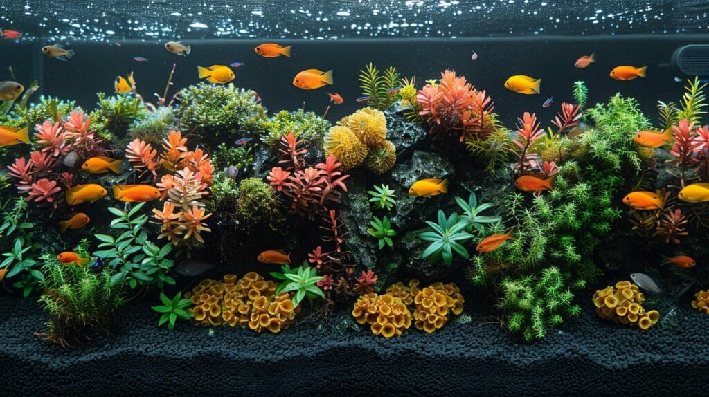 Decorated aquarium with HOB filter blending in, vibrant fish among lush plants.
