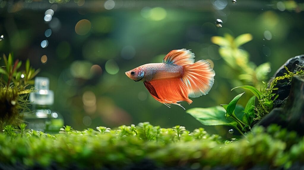Depiction of a happy Betta fish in a clear aquarium