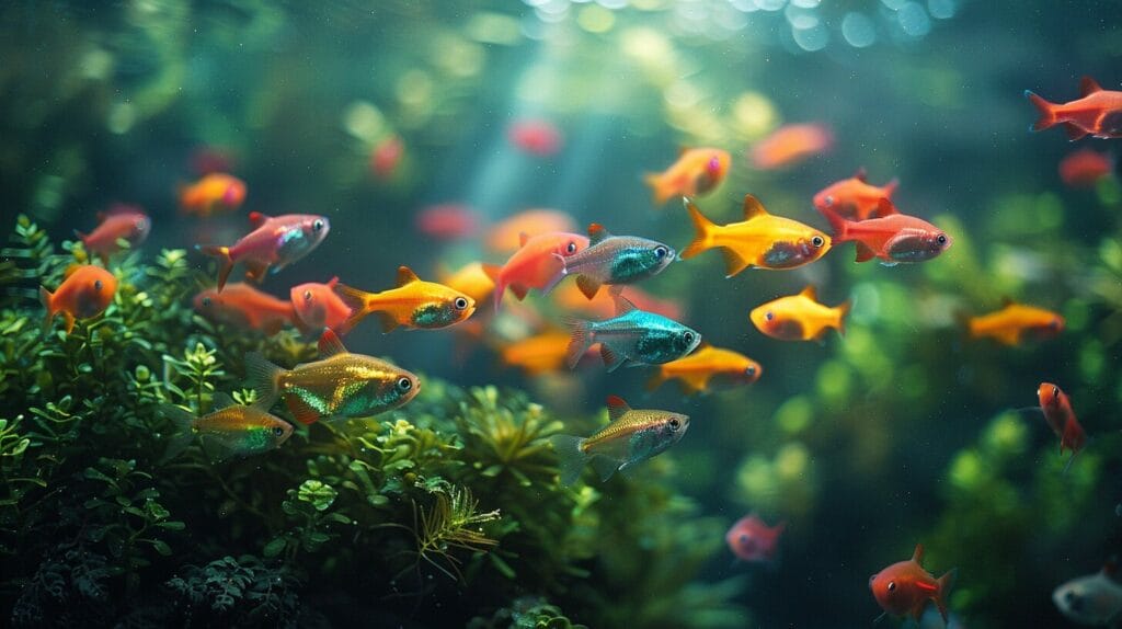 Diverse colorful freshwater fish in vibrant aquarium, highlighting size and shape variety.