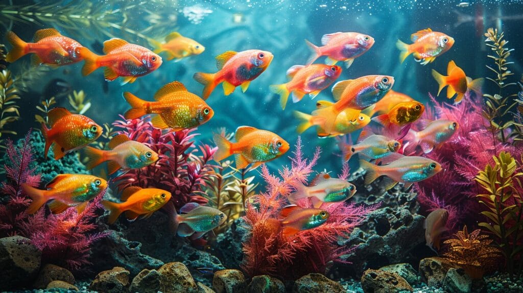Diverse tropical fish and feeding care in colorful aquarium