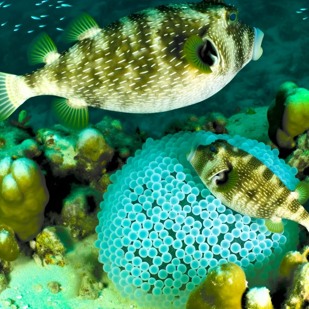 Female blowfish releasing eggs with male fertilizing nearby.