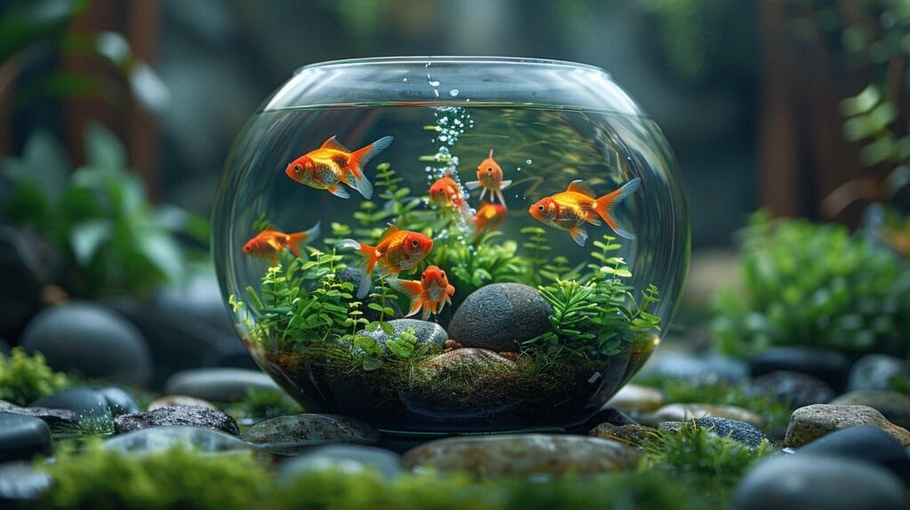 Goldfish bowl with plants, rocks, and air stone.
