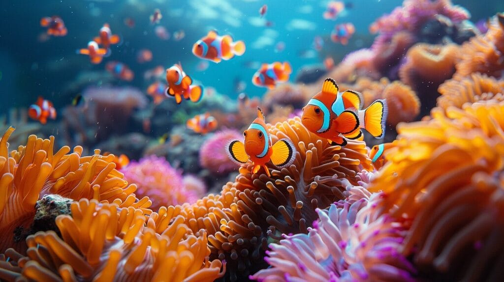 Group of clownfish and reef fish among anemones.