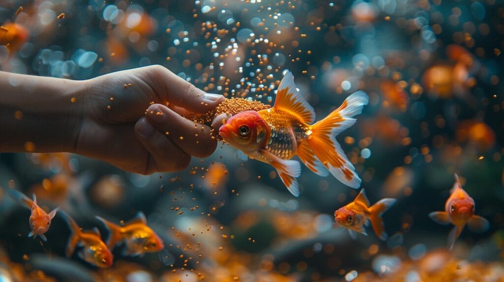 Hand feeding goldfish in bowl with colorful flakes.