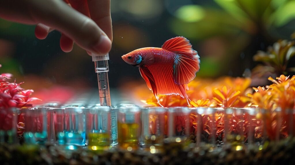 Hand holding a pH testing kit over a Betta fish tank