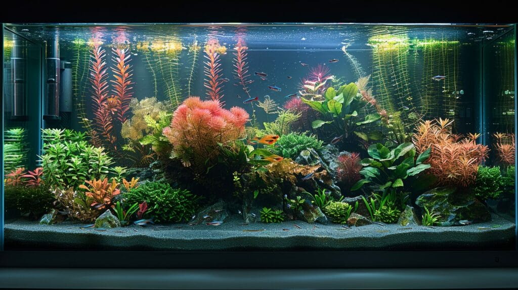 Large aquarium with driftwood and plants