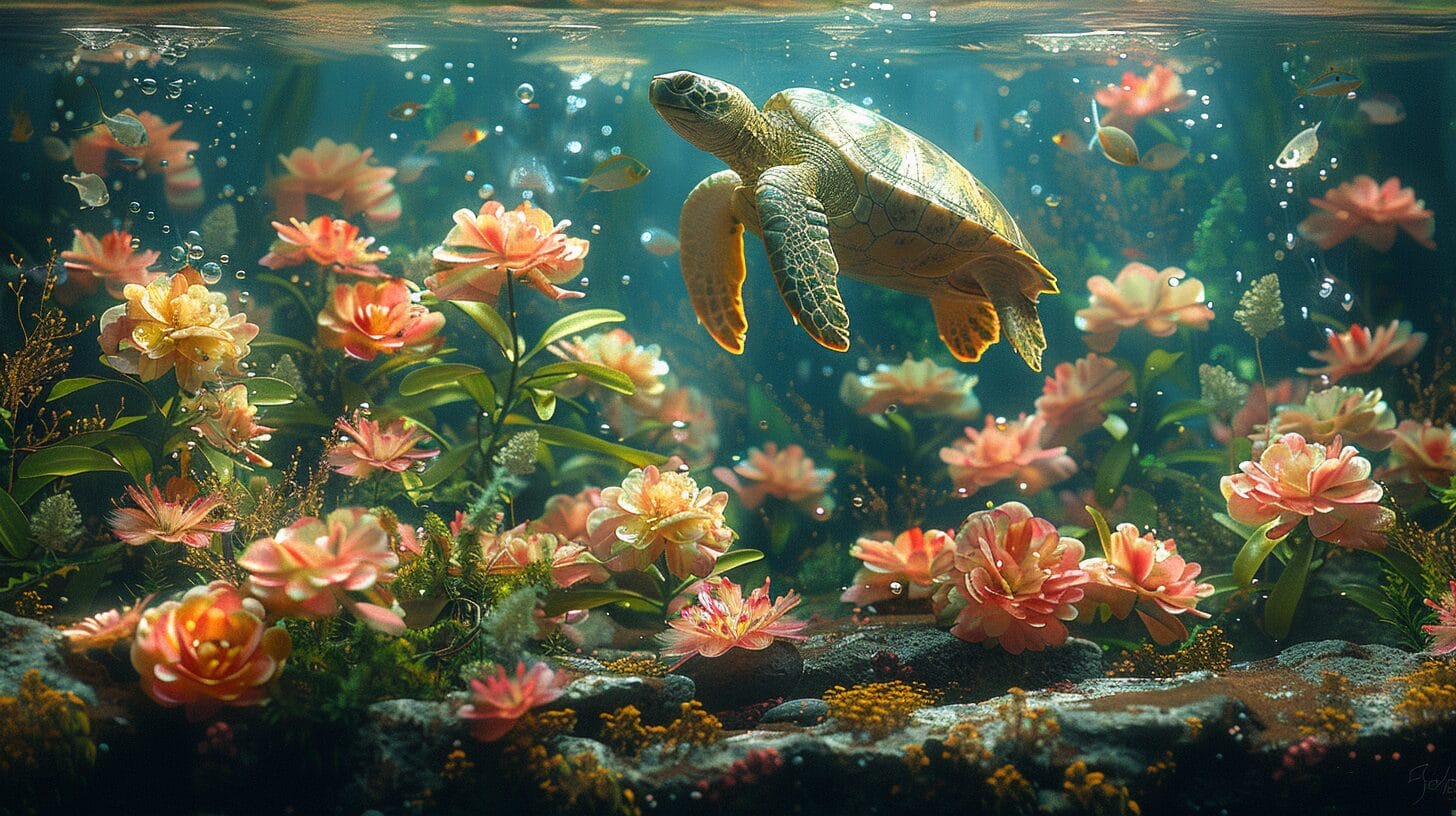 Large aquarium with lush plants, colorful fish, and a basking turtle in harmony.