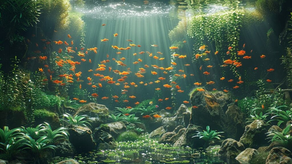 Large glass aquarium with green plants, river rocks, a basking platform, and schools of peaceful fish.