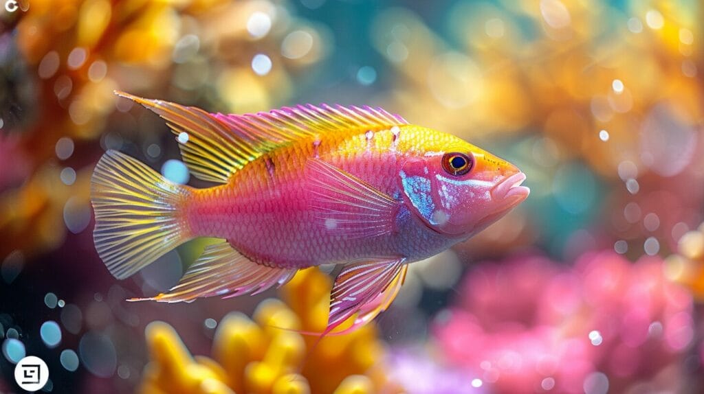 Lavender and orange Purple Parrot Cichlid with distinctive hump and flowing fins.