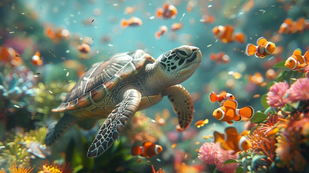 Lush underwater aquarium with colorful fish and a content turtle in a balanced environment.