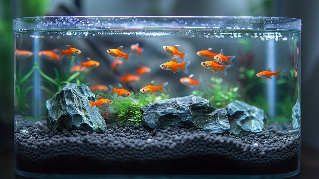 Modern fish tank with bottled water and colorful fish