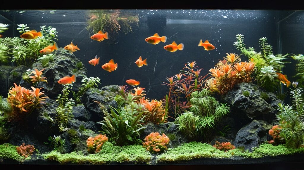 Serene and well-maintained 75 gallon tank with colorful fish and lush plants.
