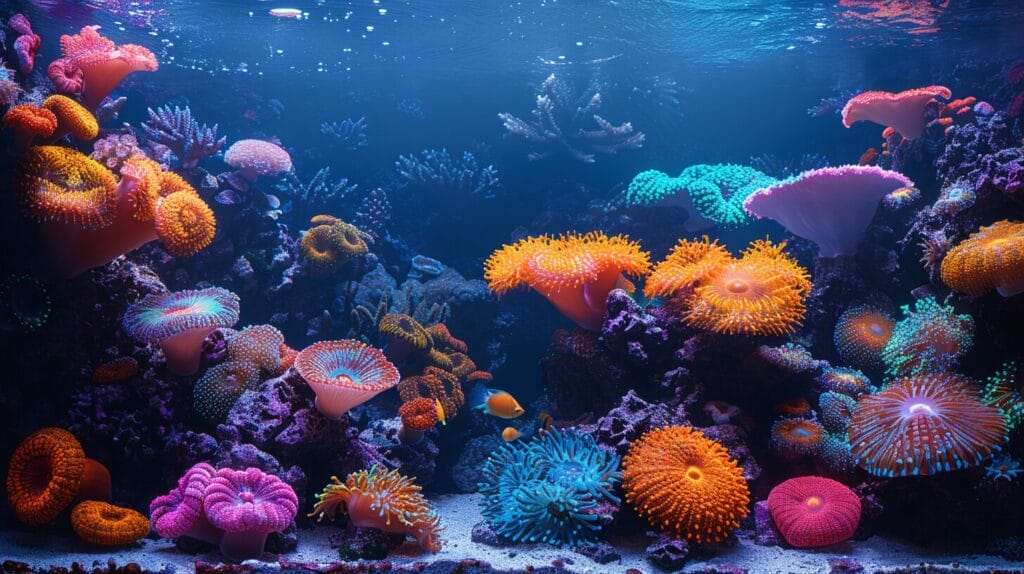 Simple, beginner-friendly aquarium with colorful soft corals, vibrant colors and textures.