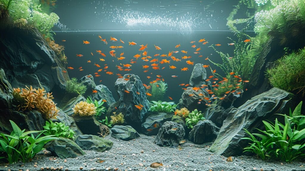 Spacious aquarium with hiding spots, aquatic plants, and basking rocks for turtles and fish.