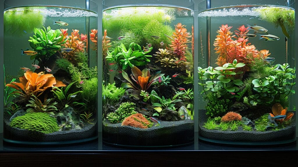 Three external filters, aquatic plants and fish background.