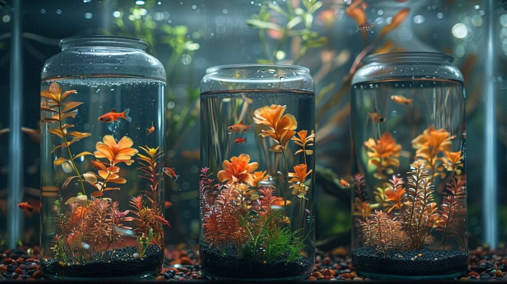 Three fish tanks showcasing tap, filtered, and bottled water quality