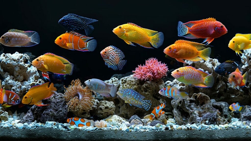 Vibrant African cichlid tank with diverse species like Mbuna, Peacock, Haplochromis, showing color and pattern variety.