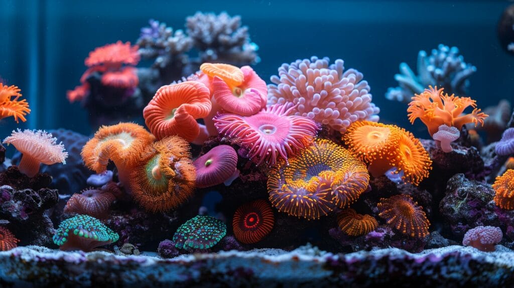 Vibrant aquarium with Sinularia and Toadstool leather corals, showcasing unique shapes and easy care.