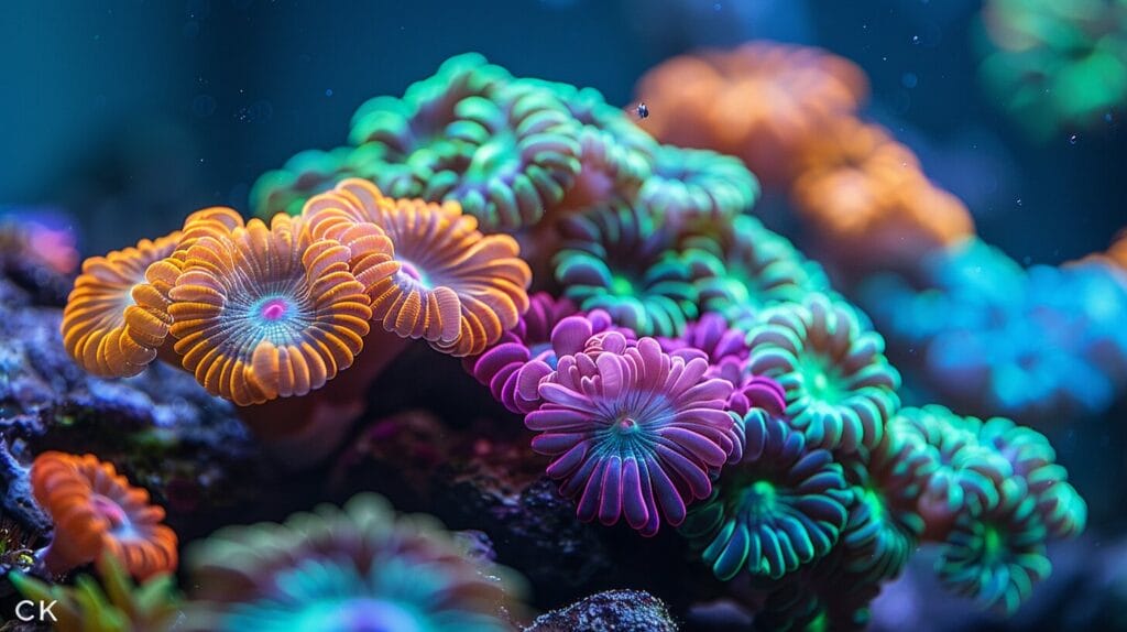 Vibrant aquarium with colorful GSP coral clusters, intricate green polyps adding life.