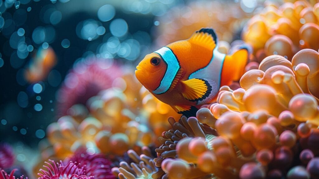 Vibrant aquarium with colorful live rock and natural foods for clownfish.