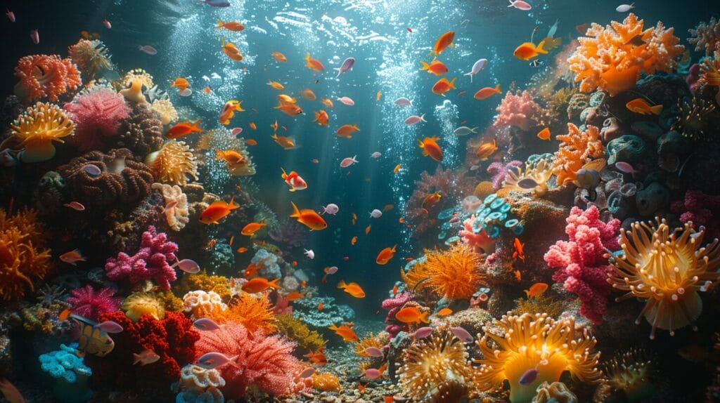 Vibrant coral reef with colorful algae and diverse fresh seafood for clownfish.