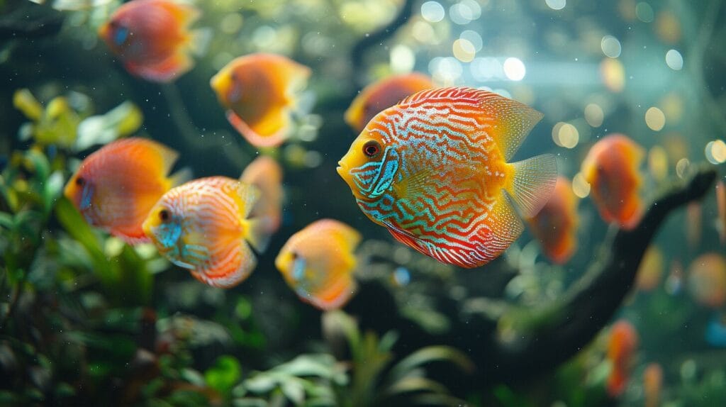 Vibrant school of Discus fish in planted aquarium, iridescent colors, intricate patterns.