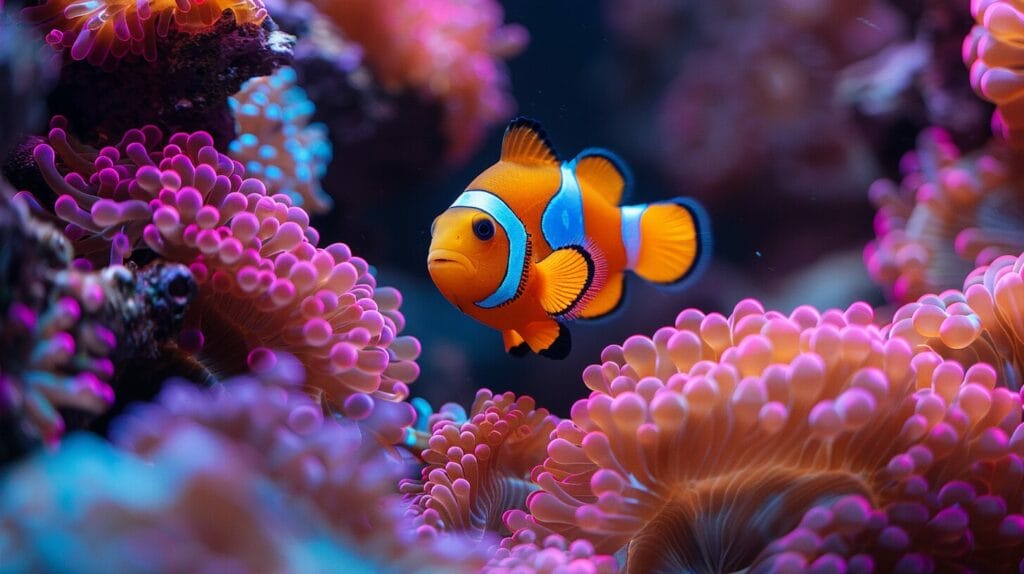 Vibrant underwater scene with clownfish and live, colorful nutrient-rich foods.