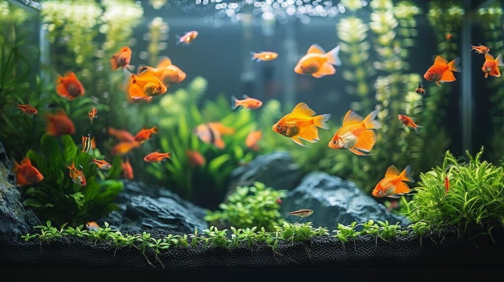 36-gallon fish tank with sponge filter, lush plants, and colorful fish