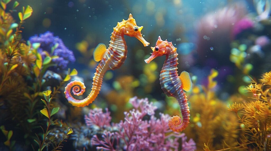 A digital image of a beautifully decorated home aquarium with vibrant freshwater seahorses, live plants, and colorful rocks.