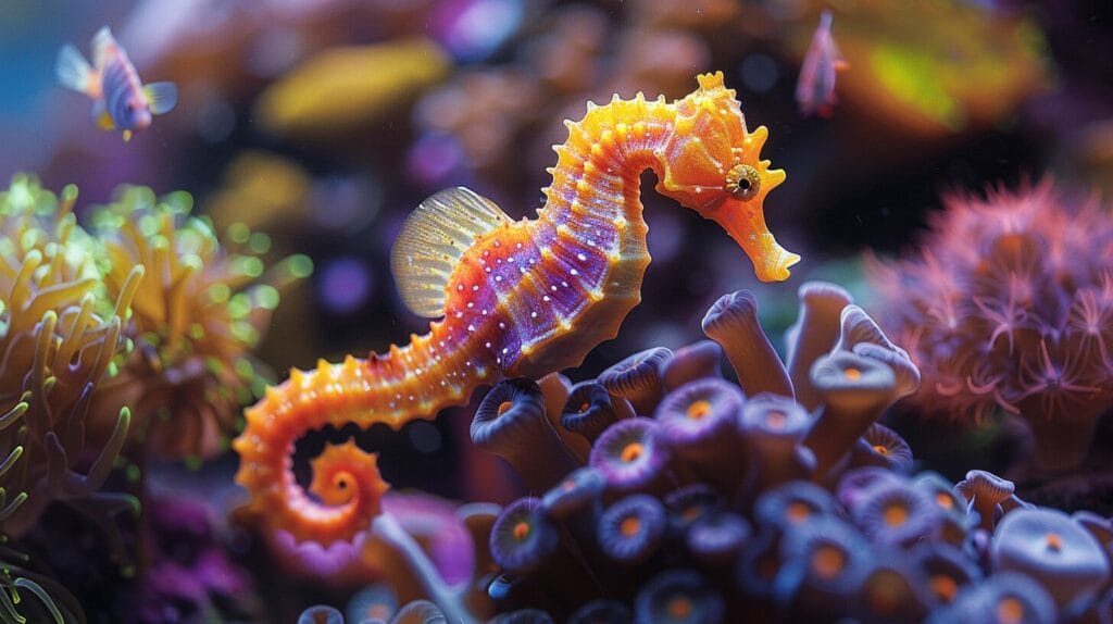 A digital image of a vibrant freshwater seahorse swimming among colorful coral and small fish in a home aquarium.