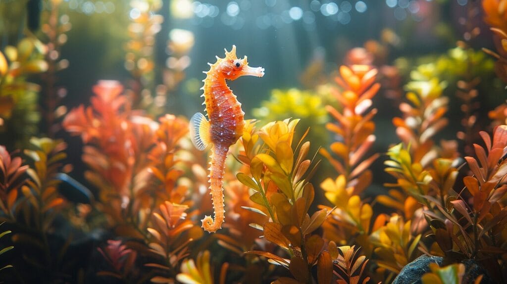 A digital image showing a vibrant freshwater seahorse swimming among lush aquatic plants and colorful pebbles in a home aquarium.
