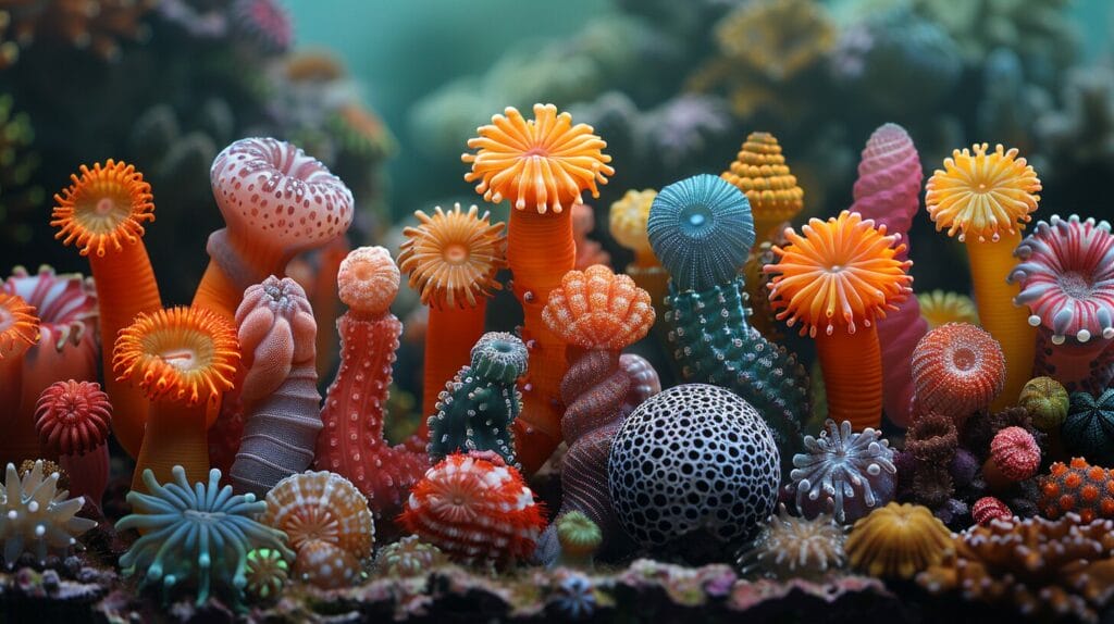 Colorful and unusual aquatic worms in a vibrant coral reef.