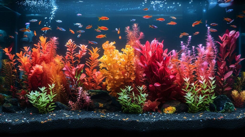 Lush underwater scene in clear aquarium, bright lighting, no algae.