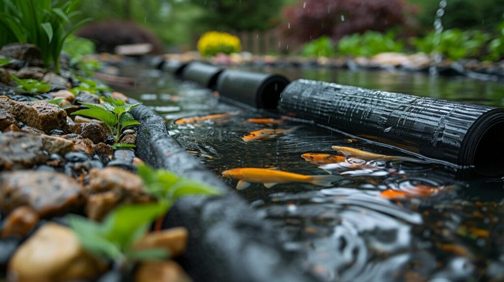 Pond liner securely bonded to surface with adhesive, tools like roller or brush shown for maintenance.