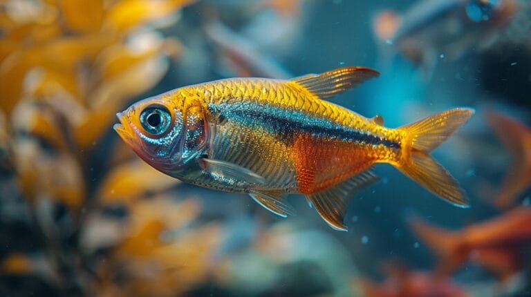 A distressed neon tetra with a bloated belly struggling to swim in a clear aquarium surrounded by other healthy fish.